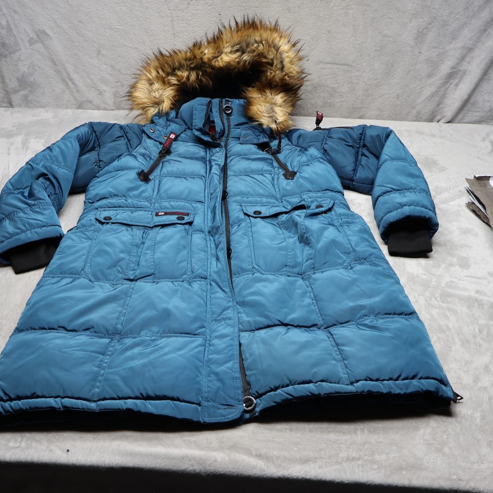 Canada Weathergear Jacket Women XL Blue Insulated Fur Trim Heavy Winter Parka